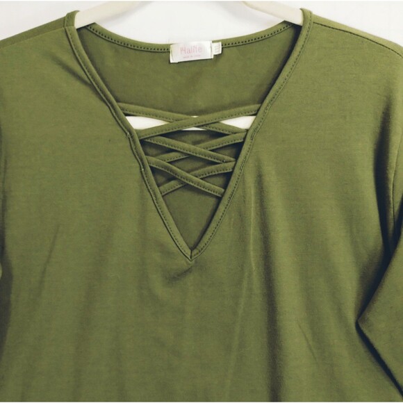 Moss Green Top Sz XXL Boxy Baggy Cut V Neck Lace Up Stretchy 3/4 Sleeve Packable - Picture 2 of 7